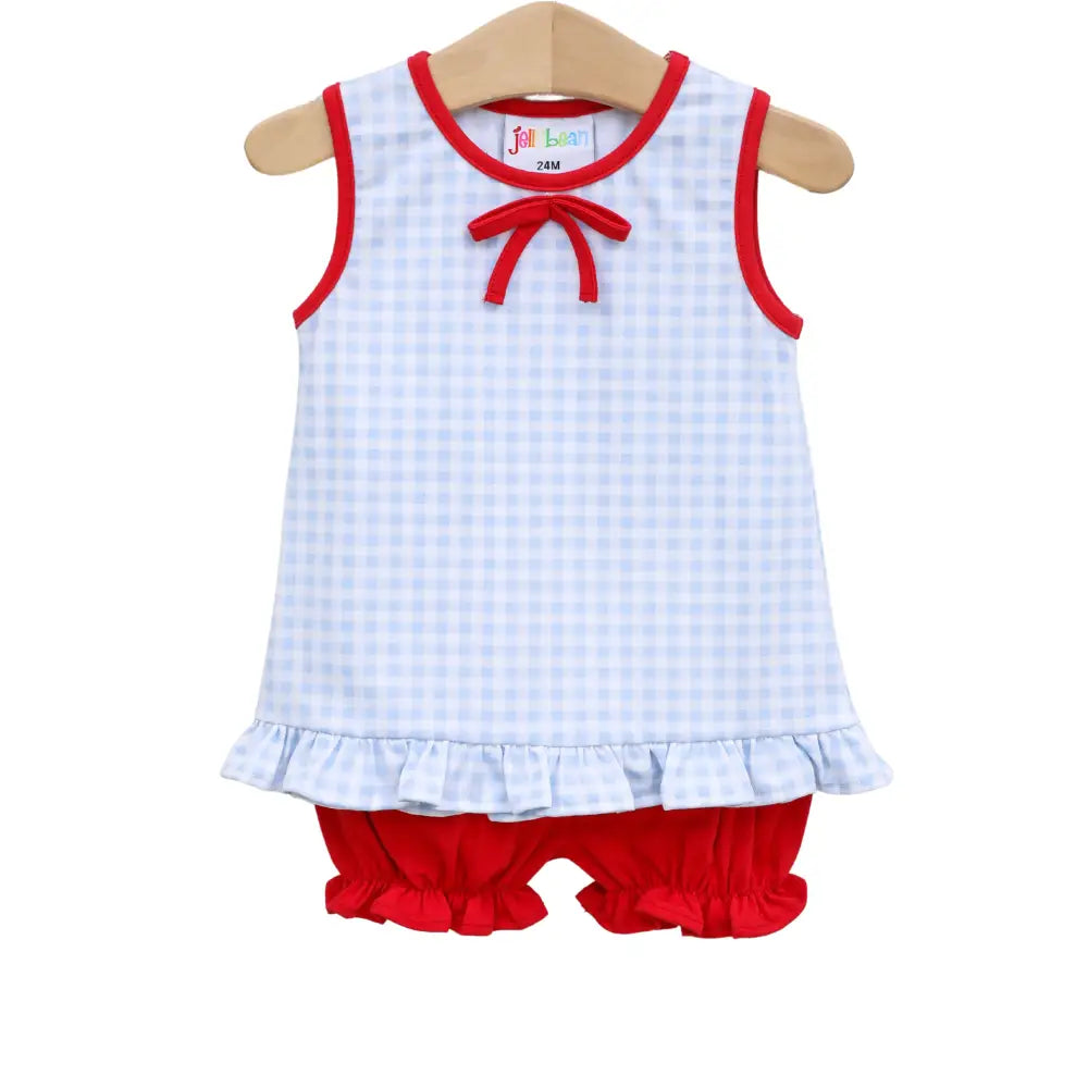 Blue Gingham/Red Bow Bloomer Set Preorder Summer