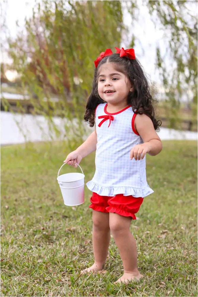 Blue Gingham/Red Bow Bloomer Set Preorder Summer