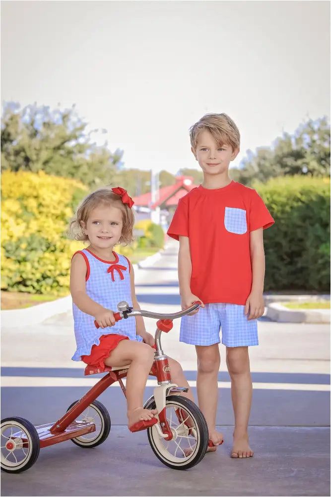 Blue Gingham/Red Bow Bloomer Set Preorder Summer