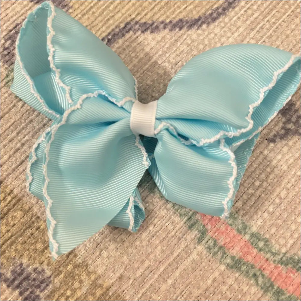 Classic Grosgrain Moonstitch Hair Bow - Large Lt Blue W/ White New Accessory