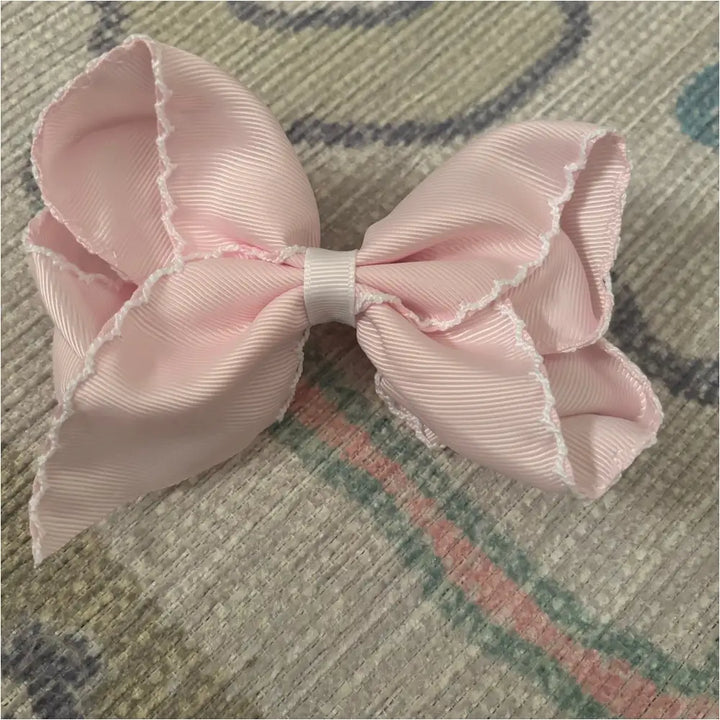 Classic Grosgrain Moonstitch Hair Bow - Large Lt Pink W/ White New Accessory