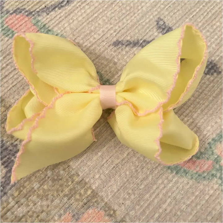 Classic Grosgrain Moonstitch Hair Bow - Large Maize W/ Lt Pink New Accessory