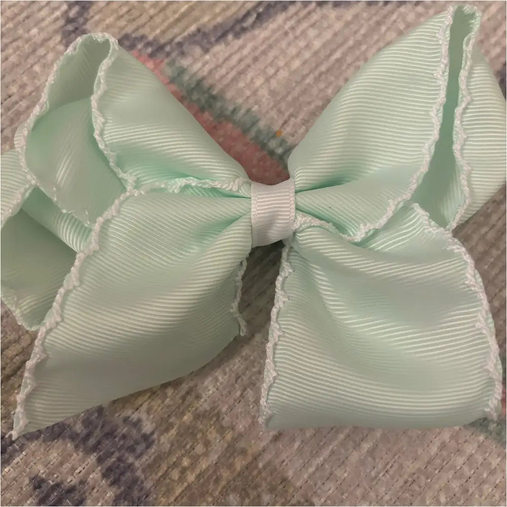 Classic Grosgrain Moonstitch Hair Bow - Large Mint W/ White New Accessory