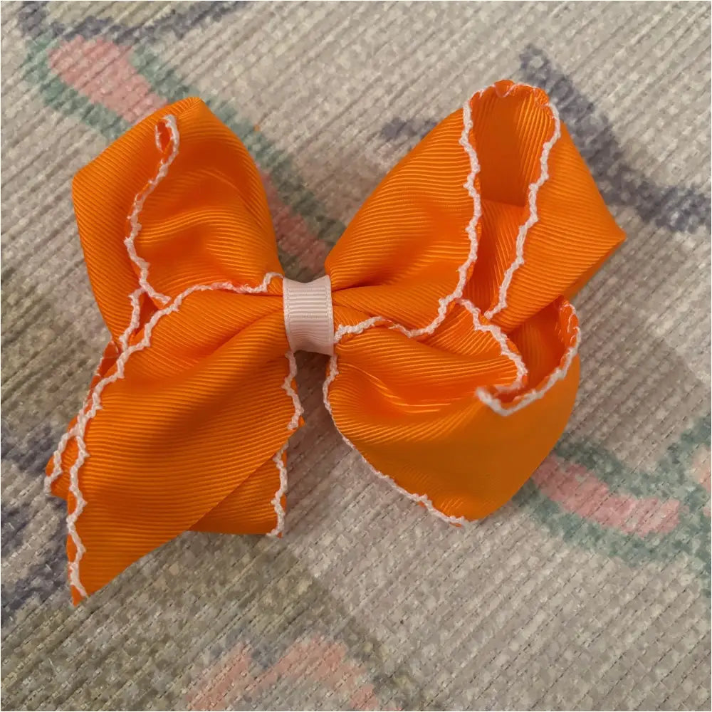 Classic Grosgrain Moonstitch Hair Bow - Large Orange W/ White New Accessory