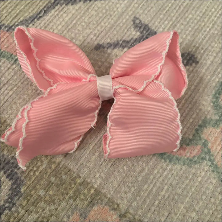 Classic Grosgrain Moonstitch Hair Bow - Large Rose Pink W/ White New Accessory