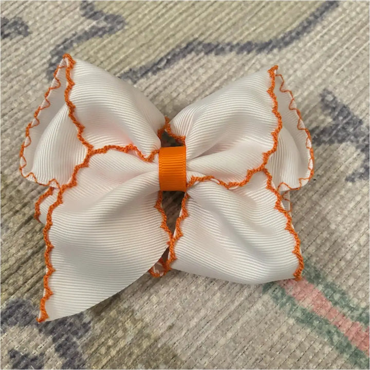 Classic Grosgrain Moonstitch Hair Bow - Large White W/ Orange New Accessory