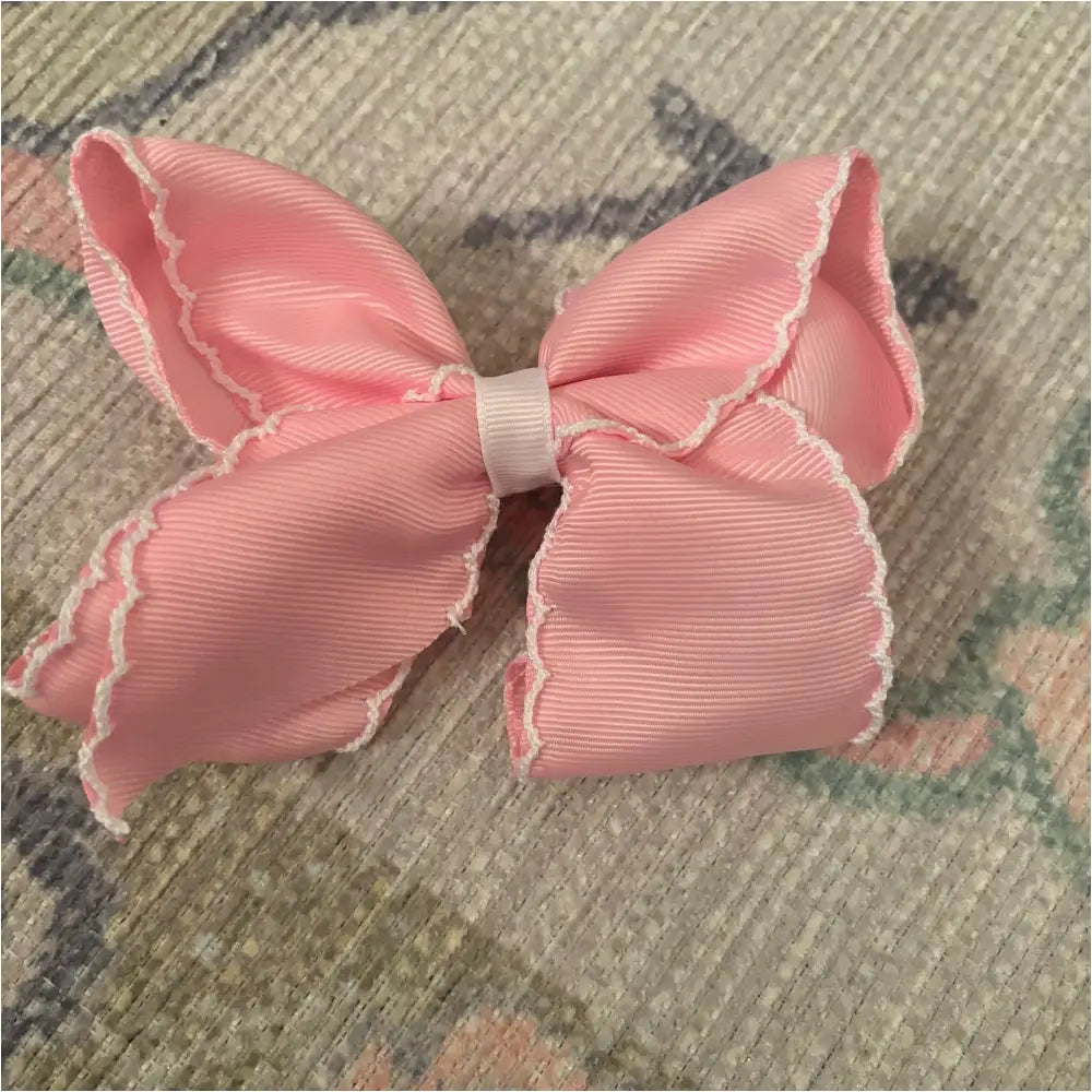 Classic Grosgrain Moonstitch Hair Bow - Medium Rose Pink W/ White New Accessory