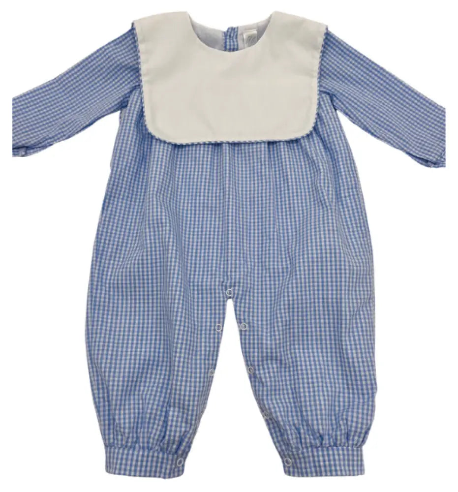 Hampton James Long Sleeve Blue Gingham Bib Romper Wholesale