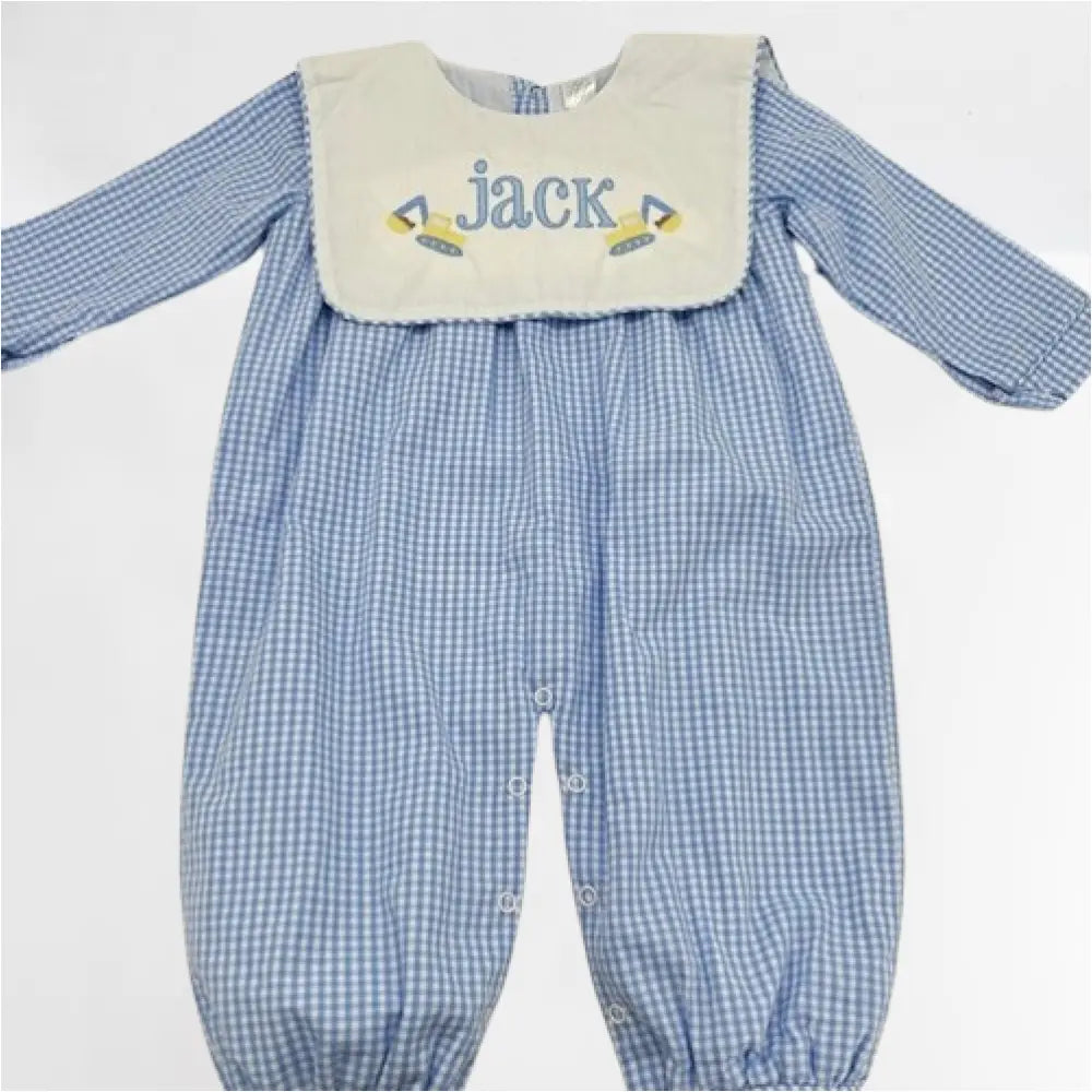 Hampton James Long Sleeve Blue Gingham Bib Romper Wholesale