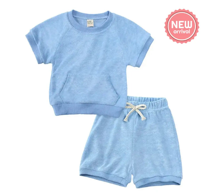 Hj Summer Terry Towel Shirt And Shorts Clothing Set - Light Blue New