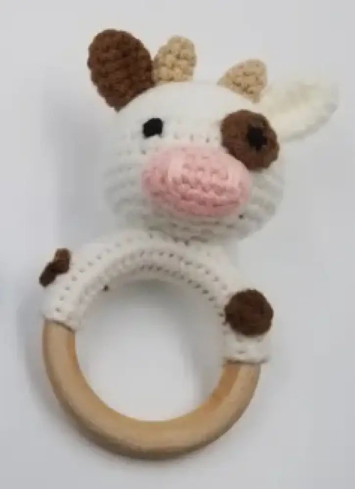 Knitted White Cow Hand Crochet Rattle New