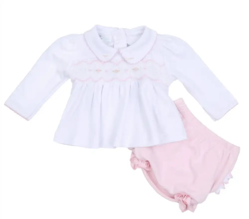 Magnolia Baby - Ava And Archie Pink Smocked Collared Ruffle Long Sleeve Diaper Cover Set