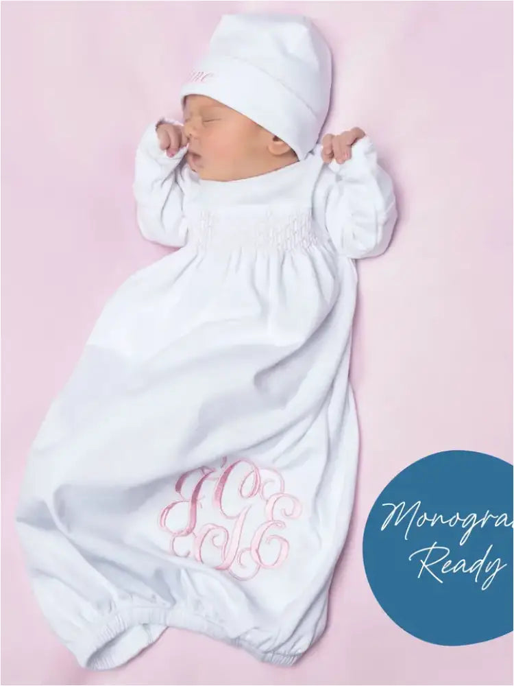 Magnolia Baby Solid Essentials White Pink Smocked Gown