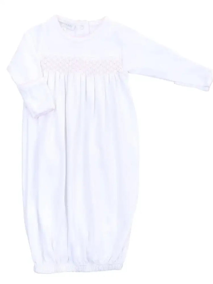 Magnolia Baby Solid Essentials White Pink Smocked Gown