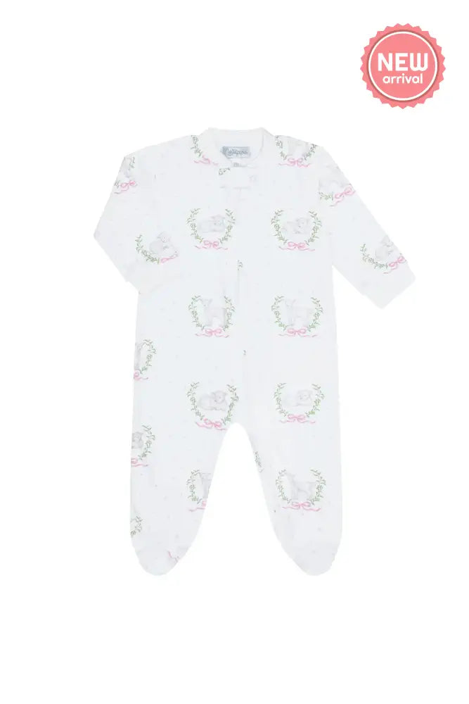 Pink Lamb Print Zipper Footie- Nella Pima New Baby